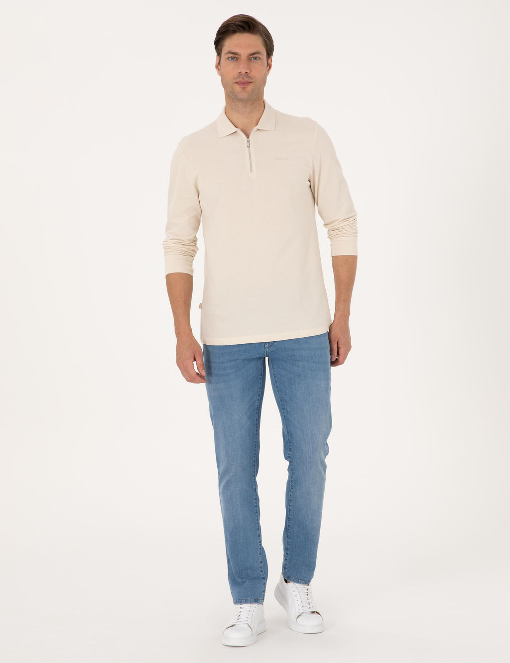 Bej Slim Fit K_vr_lmaz Fermuarl_ Polo Yaka Basic Pike Sweatshirt - Pierre cardin фото 4