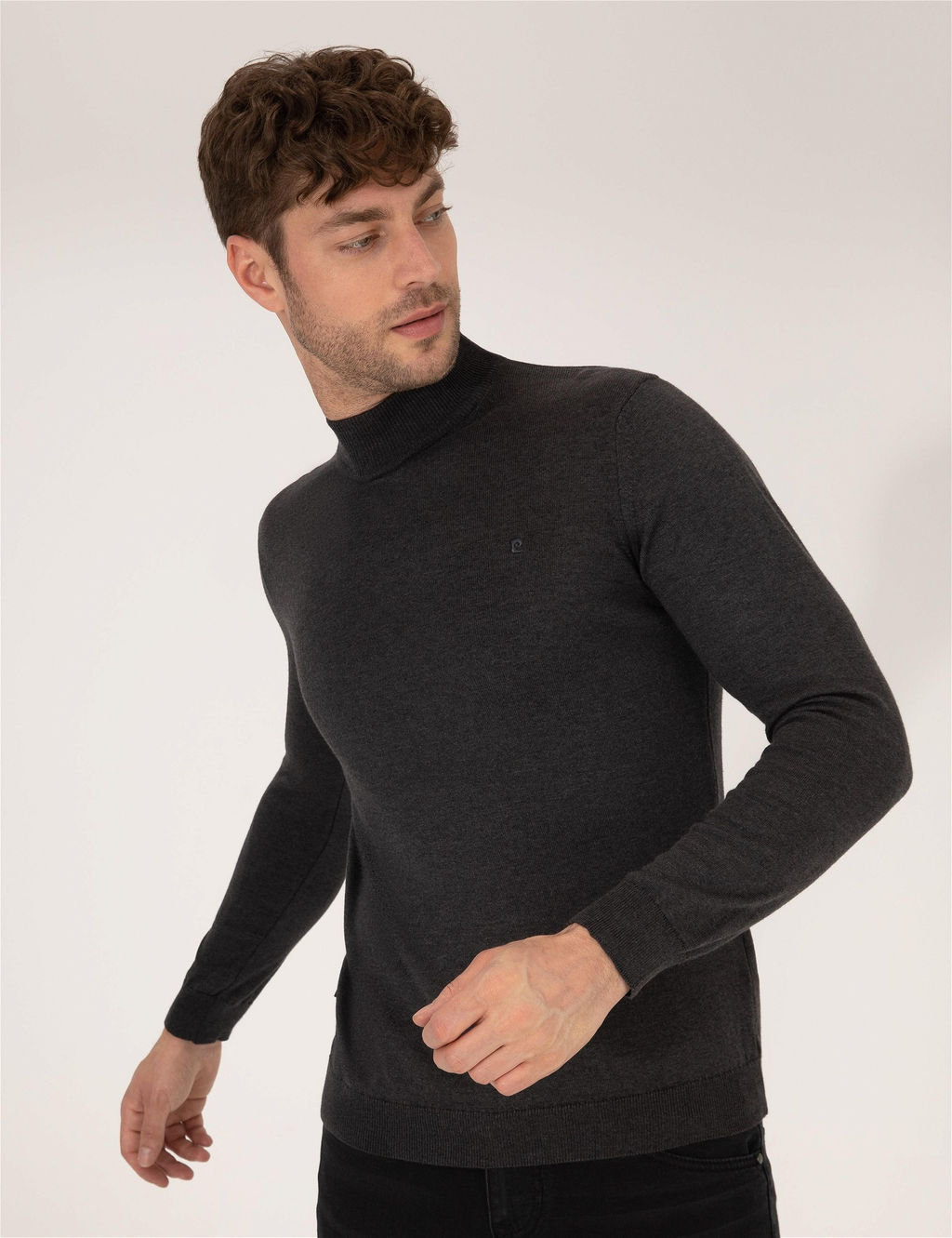 Antrasit Melanj Slim Fit Yar_m Bal_k__ Yaka Basic Triko Kazak
