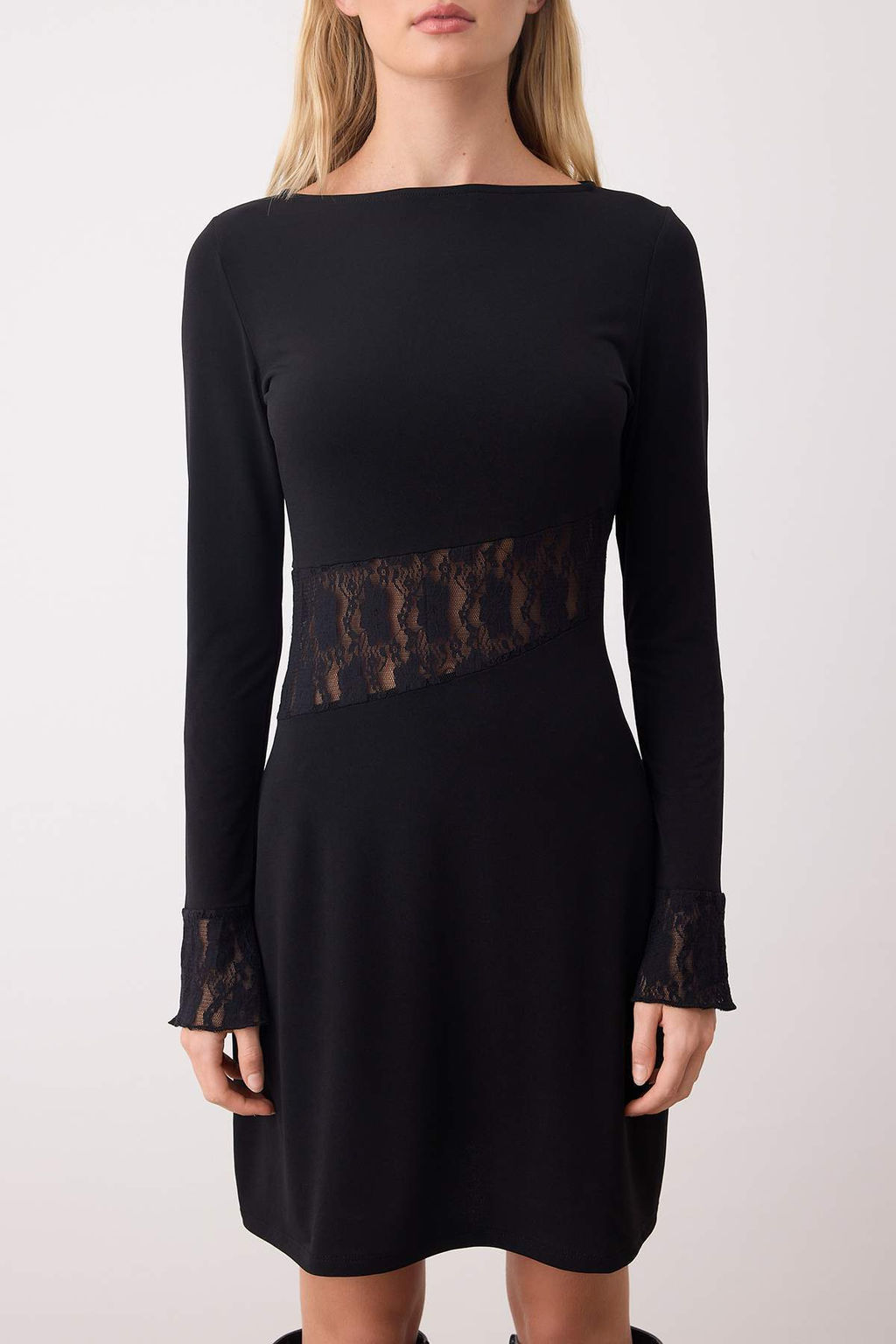 Siyah Dantel Detayl? Uzun Kollu K?sa/Mini Esnek Orme Elbise TWOAW26EL00221 - Trendyolmilla фото 3