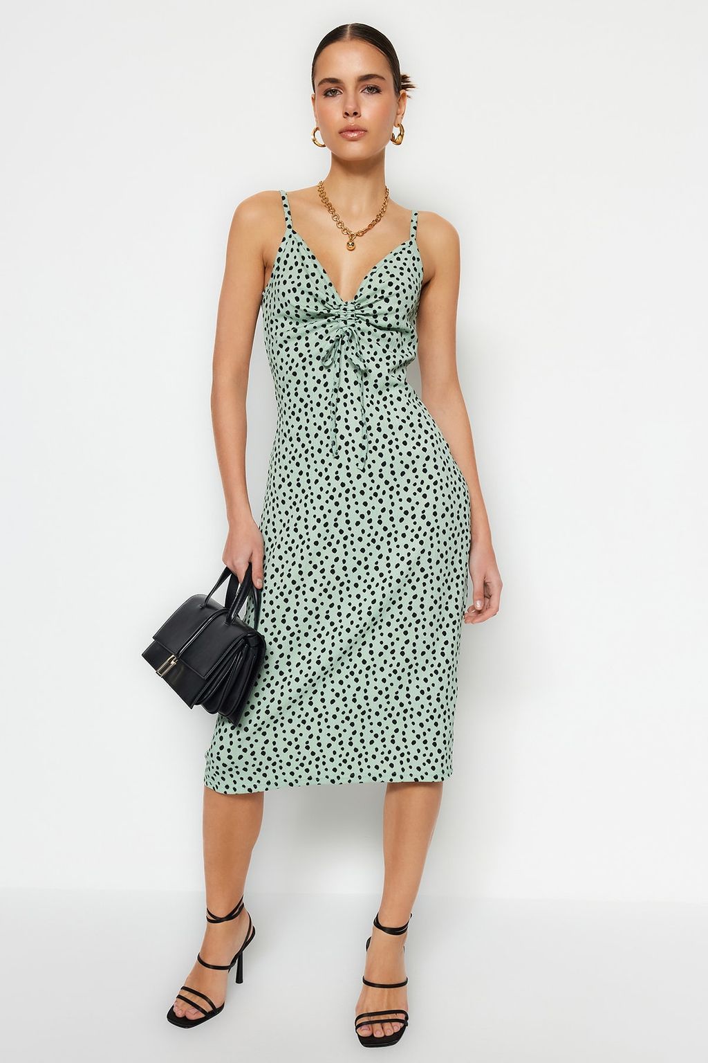 Mint Puantiye Bask?l? Burumcuk Belden Ac?lan/Skater Ask?l? Midi Orme Elbise TWOSS23EL01454