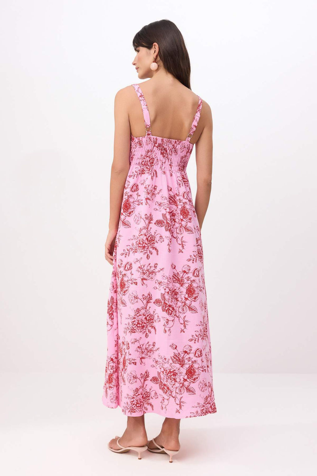 Pembe Cicekli Keten Gorunumlu Dokuma Elbise TWOSS26EL00664