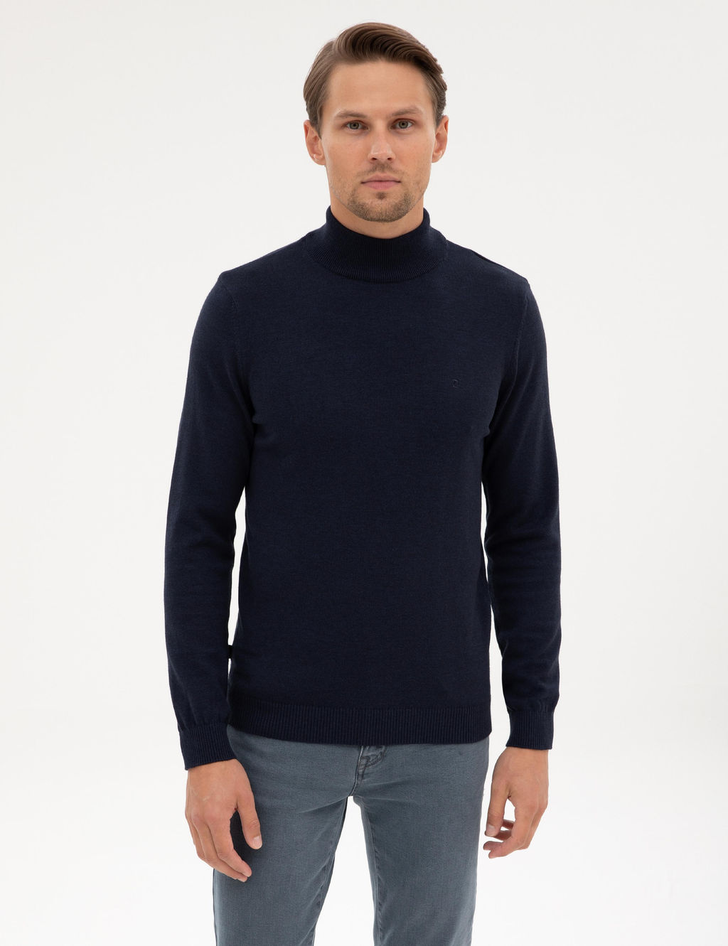 Lacivert Melanj Slim Fit Yar_m Bal_k__ Yaka Basic Triko Kazak