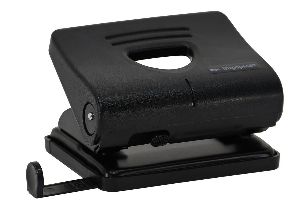 Дырокол INFORMAT Оптима до 20 листов 2 отверстия, пластиковый, черный с линейкой форматов