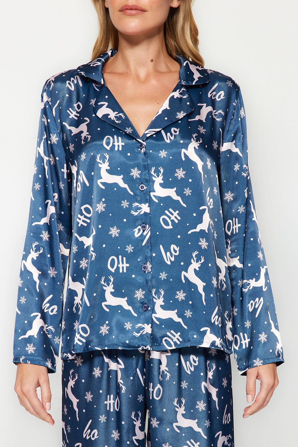 Trendyolmilla Lacivert-Cok Renkli Y?lbas? Temal? Saten Gomlek-Pantolon Dokuma Pijama Tak?m? THMAW24PT00037