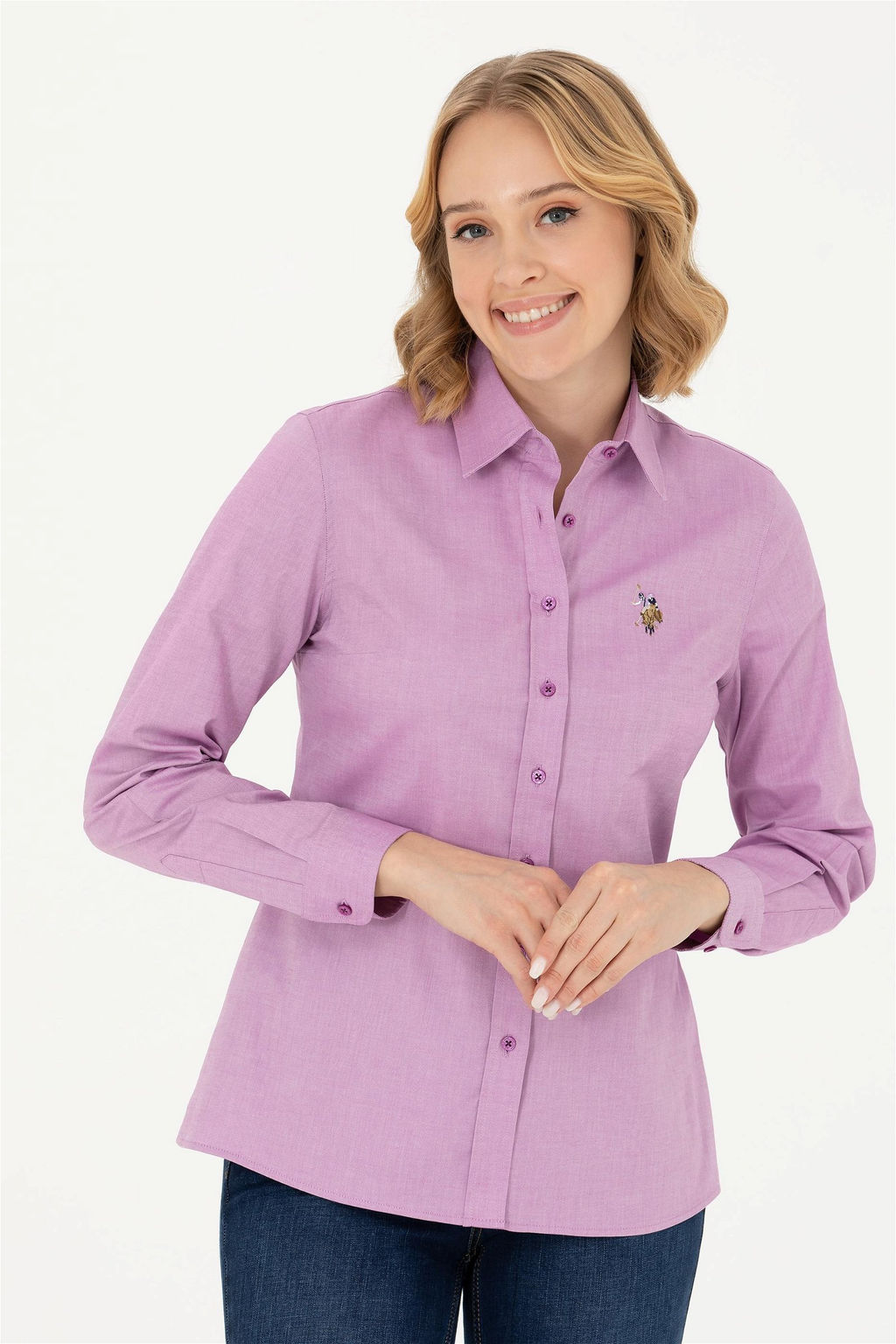 Рубашка женская U.S. Polo Assn фиолетовая с длинным рукавом из хлопка с эластаном фото 3