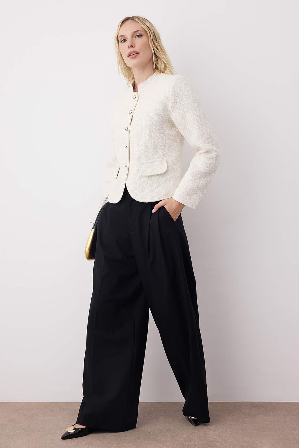 Ekru Dugmeli Dokuma Tuvit Ceket TWOAW26CE00028 - Trendyolmilla фото 2