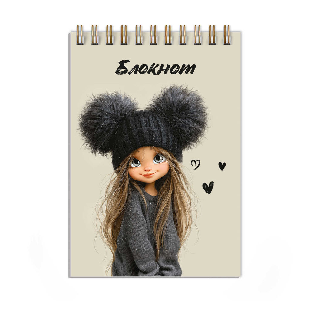 Блокнот, А6, 80 л, арт. 74035 ДЕВЧОНКА В ШАПКЕ / Блок - белый офсет 60 г/м?, клетка, гребень по коро