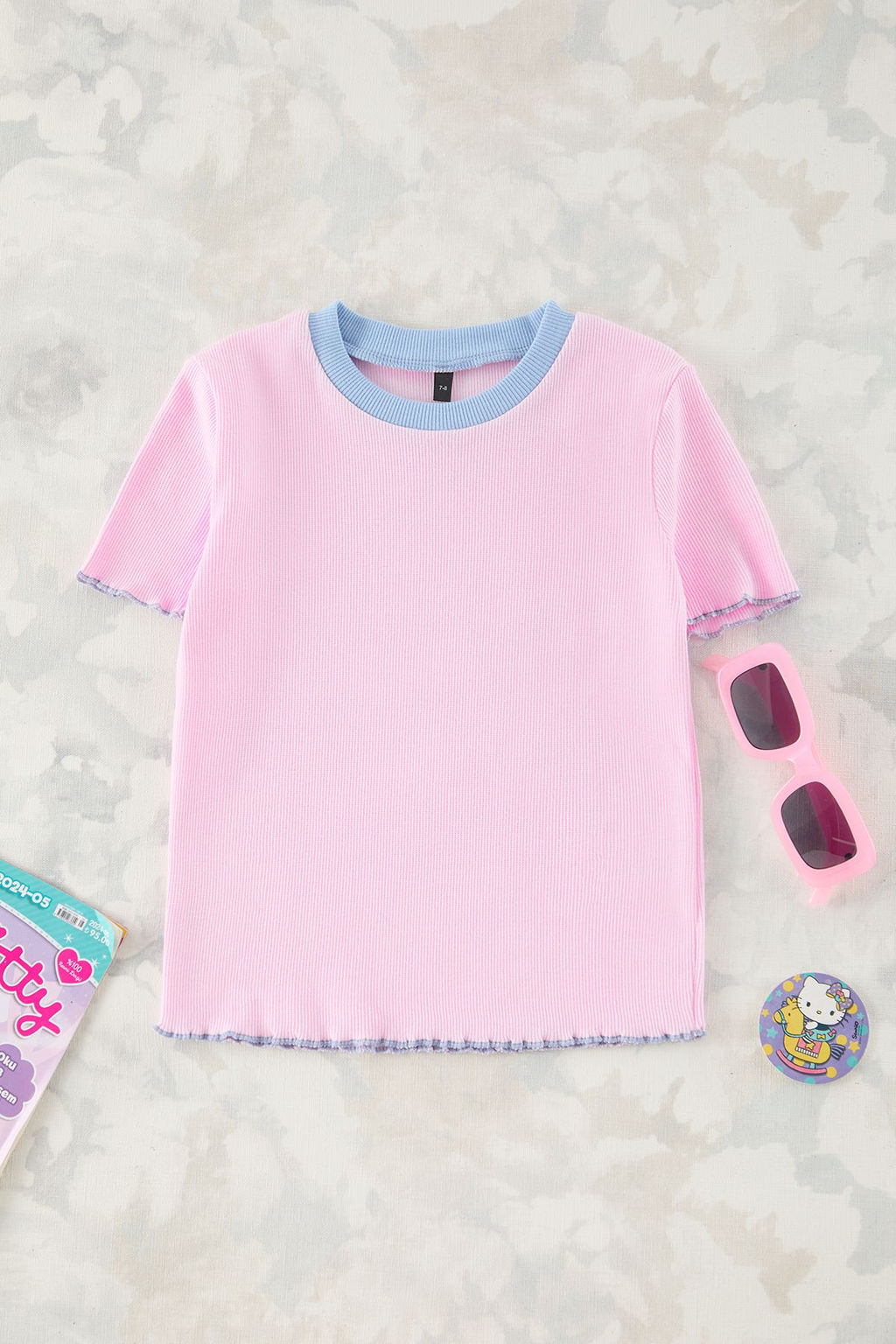 Ac?k Pembe K?z Cocuk Pamuklu Basic Regular Kal?p Kontrast Biye K?sa Kol Orme T-Shirt TKDSS25TS00024 - Trendyolmilla фото 4