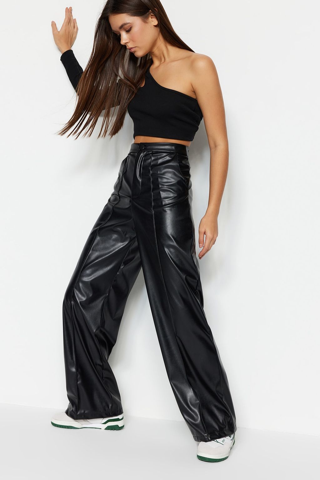 TRENDYOLMILLA Siyah Suni Deri Wide Leg/Genis Paca Nervurlu Yuksek Bel Pantolon TWOSS23PL00131  фото 3