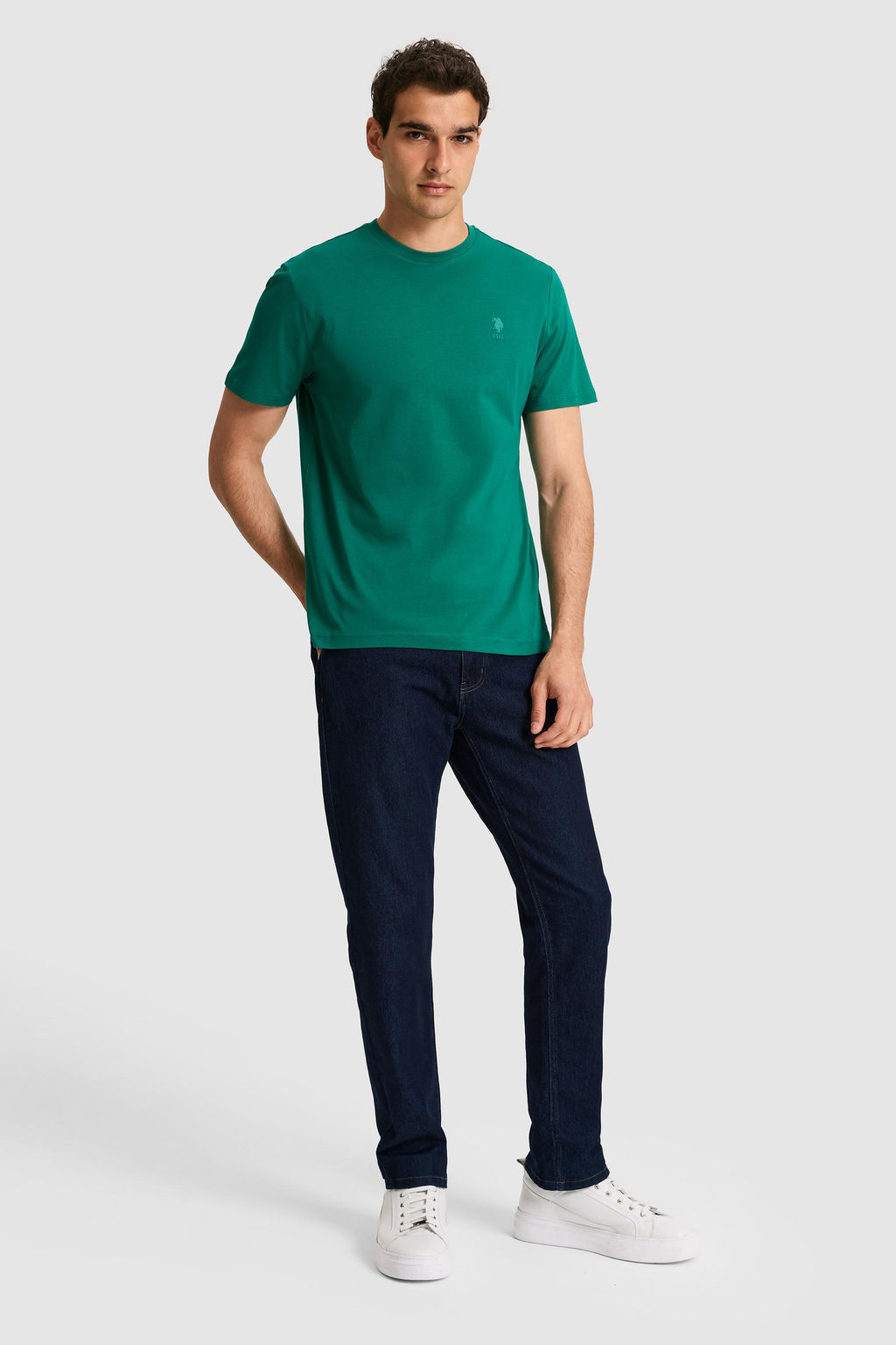 Erkek Regular Fit Bisiklet Yaka Koyu Ye_il Basic Ti__rt
