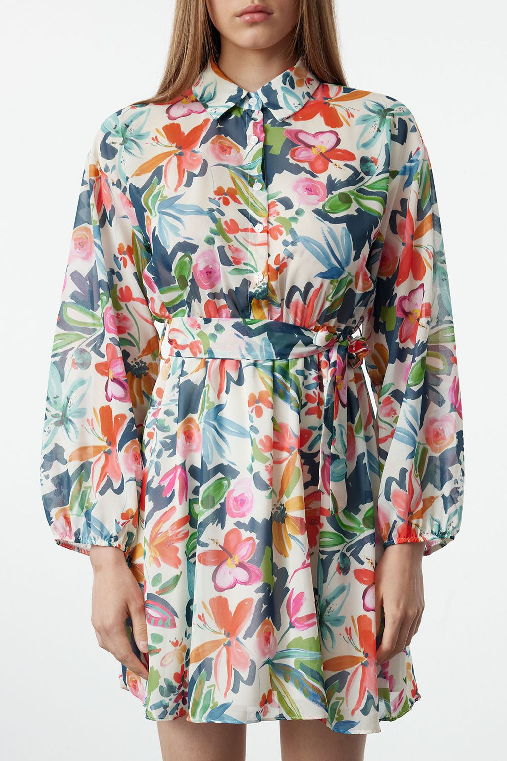 Cok Renkli Cicek Desenli Belden Ac?lan Mini Astarl? Sifon Ucus Ucus Dokuma Elbise TWOAW24EL00841