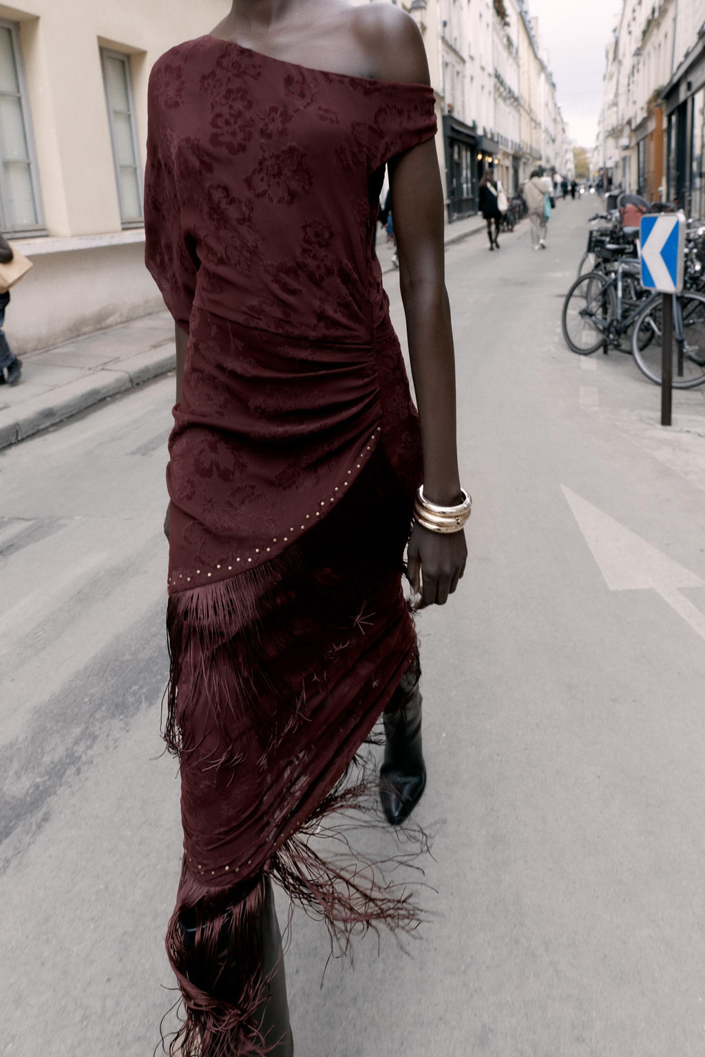 ASYMMETRIC DEVOURED FRINGE MIDI DRESS