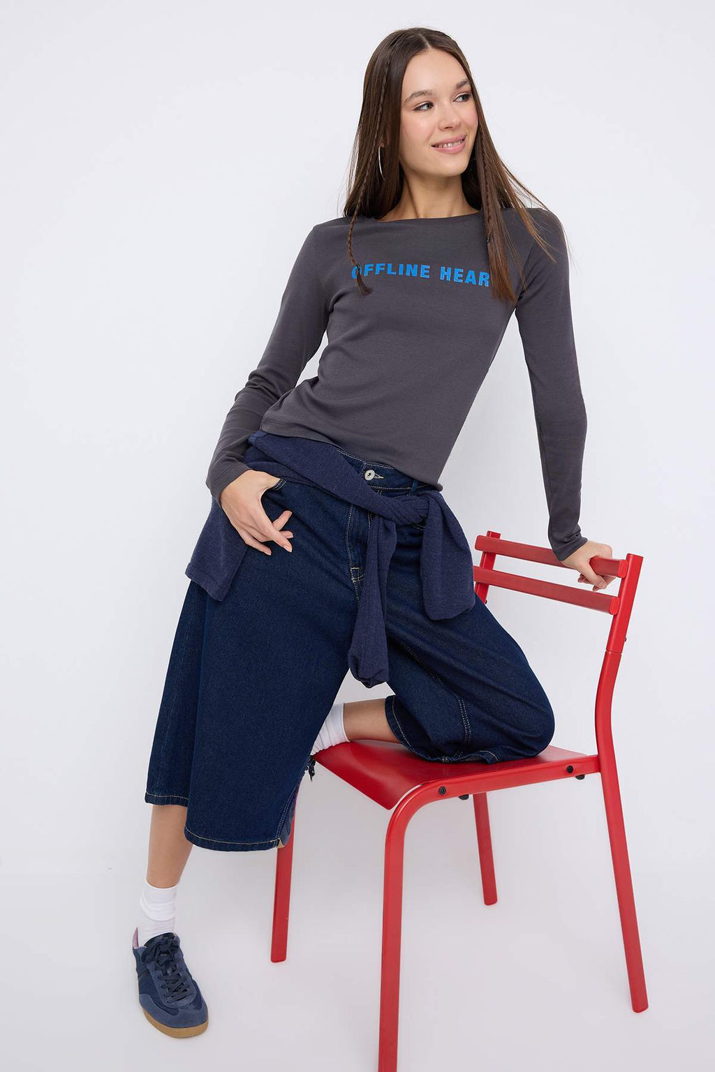 Teen Antrasit Bask?l? Fitted/Vucuda Oturan Orme Bluz TWOAW25BZ00126