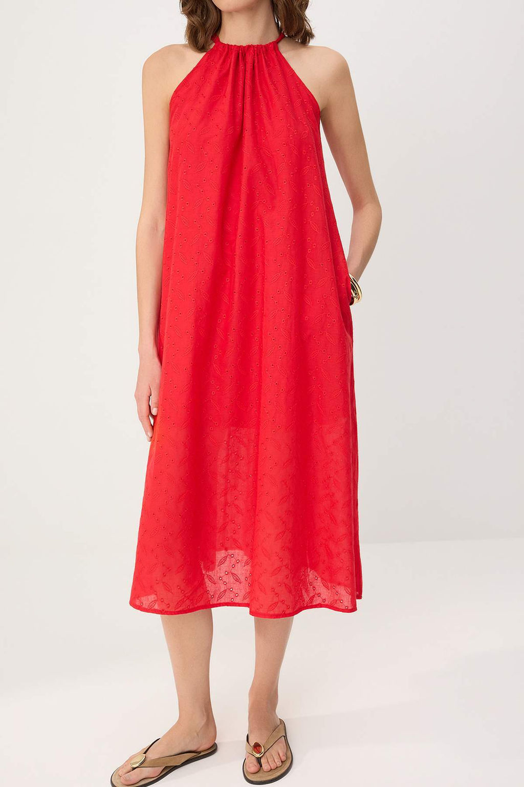K?rm?z? Brode Halter Yaka Rahat Kesim Midi Dokuma Elbise TWOSS26EL00444 - Trendyolmilla фото 3