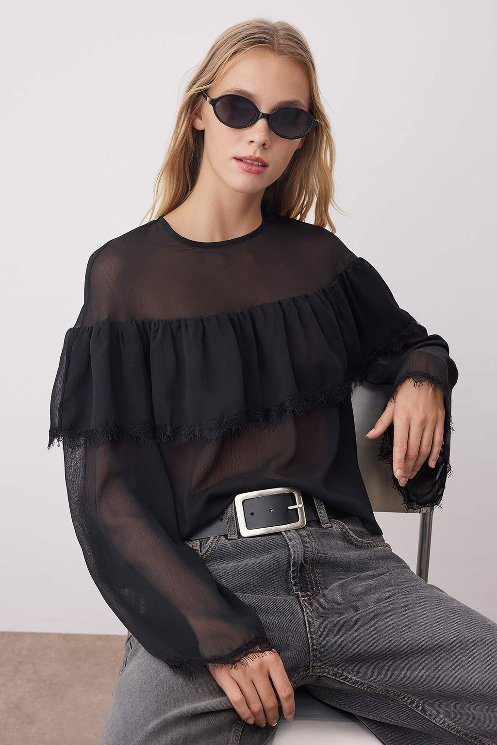 Ekru Sifon Dantel Detayl? Bisiklet Yaka Dokuma Bluz TWOAW26BZ00055 - Trendyolmilla фото 8