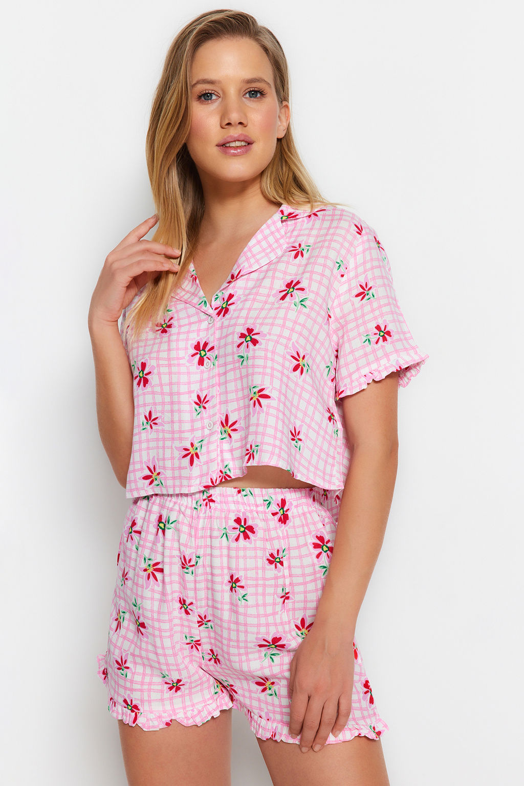 Trendyolmilla Kad?n Mini Me/Anne K?z Pembe Cicekli F?rf?rl? Viskon Sortlu Dokuma Pijama Tak?m? THMSS23PT00167 фото 17