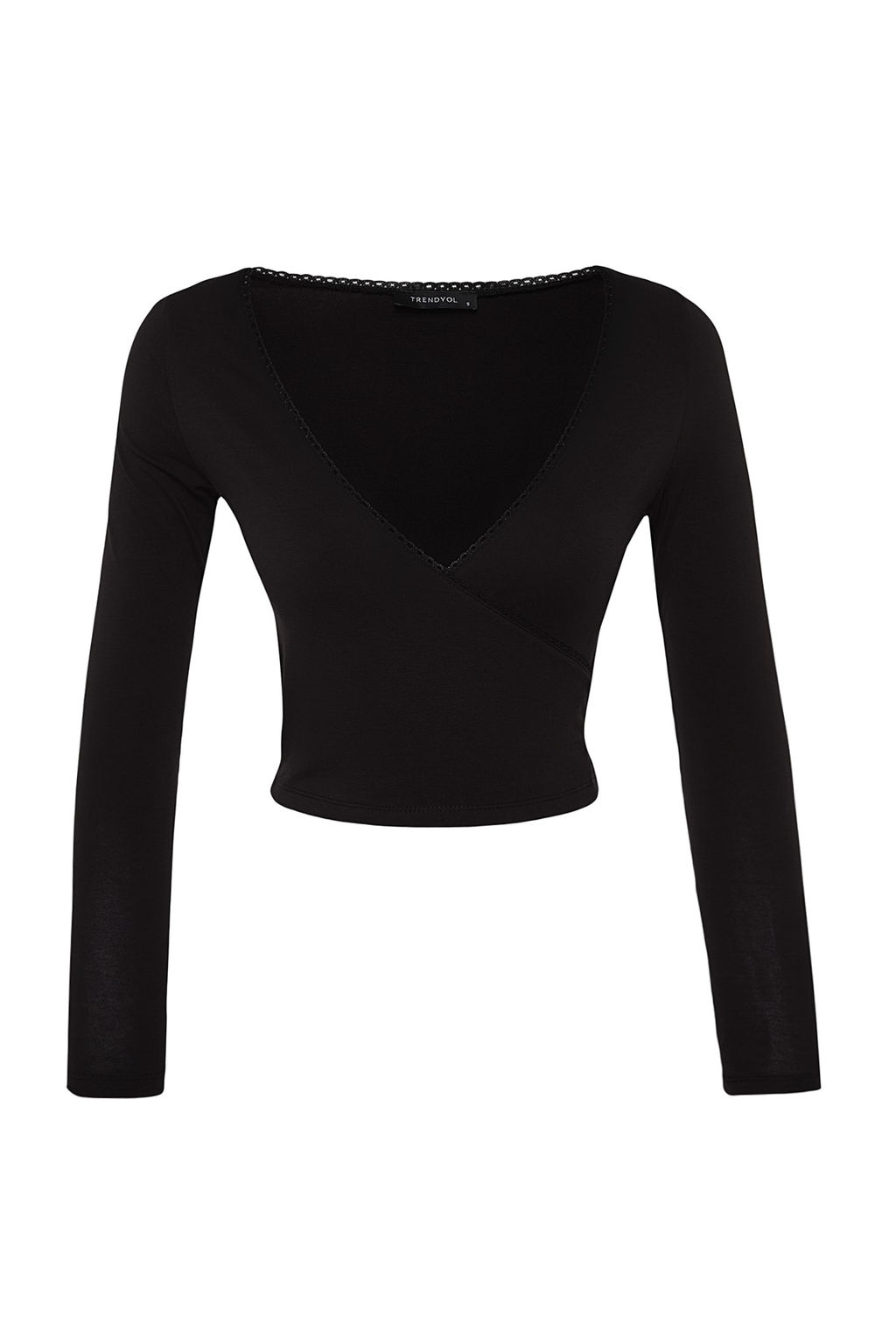 Siyah Derin Kruvaze Yaka Dantel Detayl? Uzun Kol Crop Pamuklu Esnek Orme Bluz TWOAW24BZ00291
