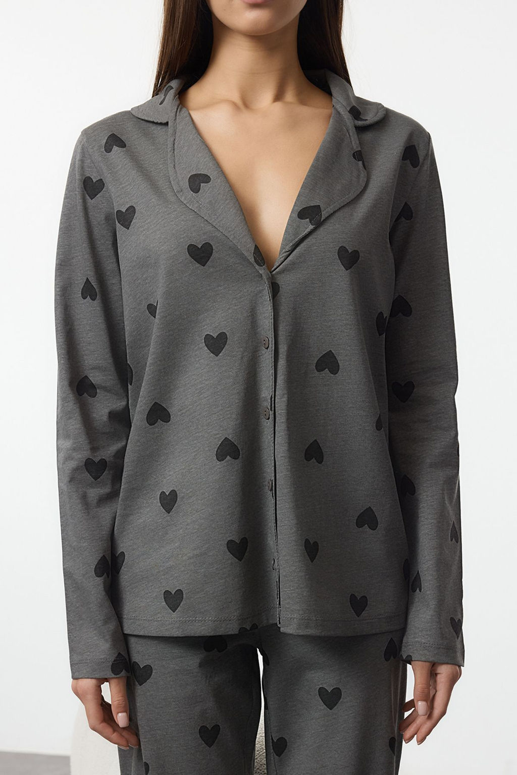 Gri %100 Pamuklu Kalp Desenli Orme Pijama Tak?m? THMAW21PT0548