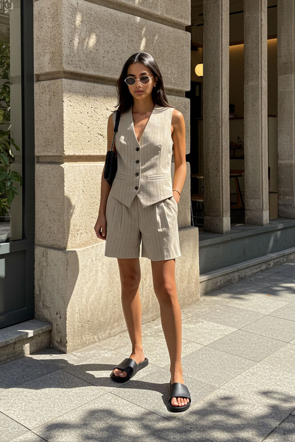 TRENDYOLMILLA Bej Keten Gorunumlu Cizgili Arka Beli Lastikli Diz Boy Dokuma Sort TWOSS25SR00022