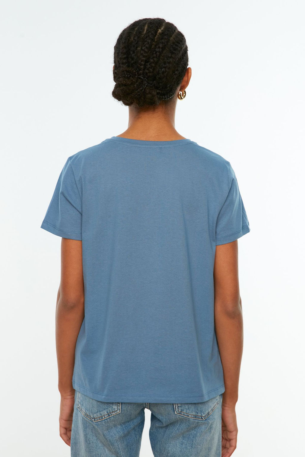 Indigo-Pembe %100 Pamuk 2li Paket Basic Bisiklet Yaka Orme T-Shirt TWOSS20TS0141