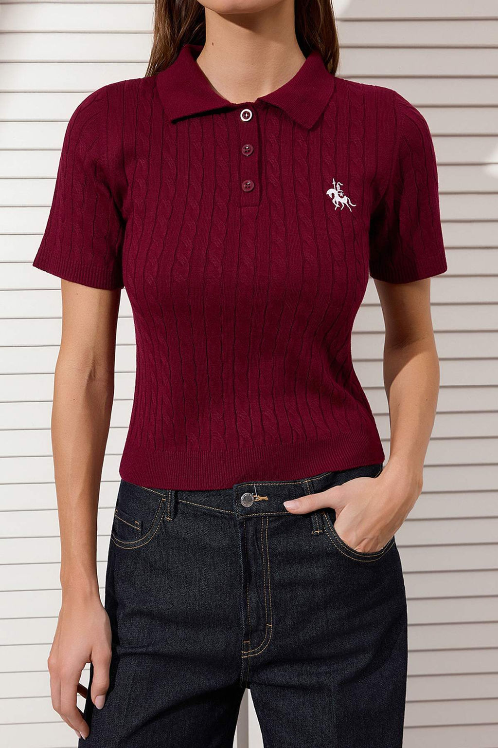 Bordo At Nak?sl? Polo Yaka Sac Orgu Triko Bluz TWOSS26BZ00163