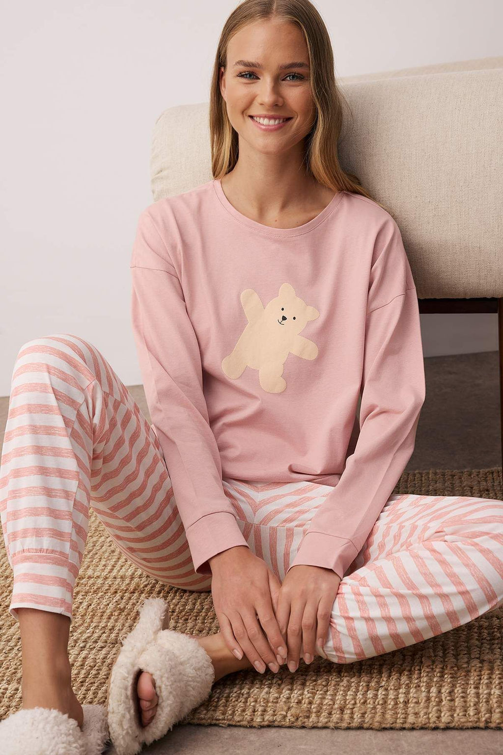 Pembe %100 Pamuklu Ay?c?kl? Orme Pijama Tak?m? THMAW21PT0302