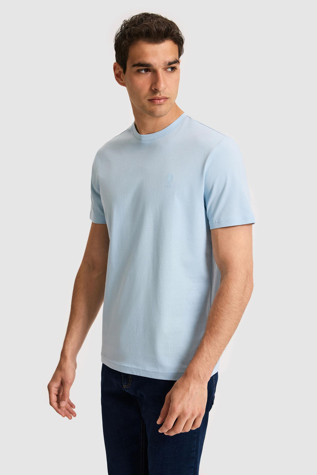Erkek Regular Fit Bisiklet Yaka A__k Mavi Basic Ti__rt