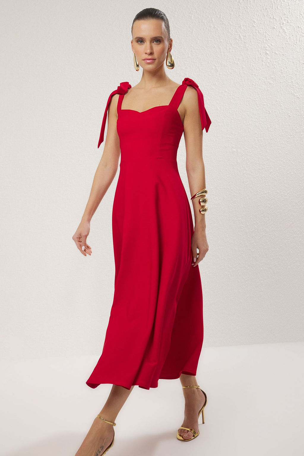 K?rm?z? A-Kesim Ask? Baglama Detayl? Dokuma Midi S?k Abiye Gece Mezuniyet Elbisesi TPRSS24EL00251