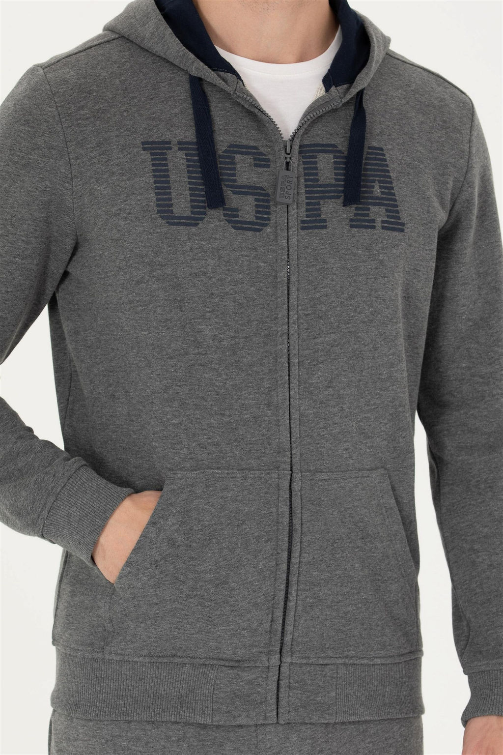 U. S. Polo Assn Мужской вязаный кардиган антрацитового меланжевого цвета с капюшоном - U.s. polo assn фото 6