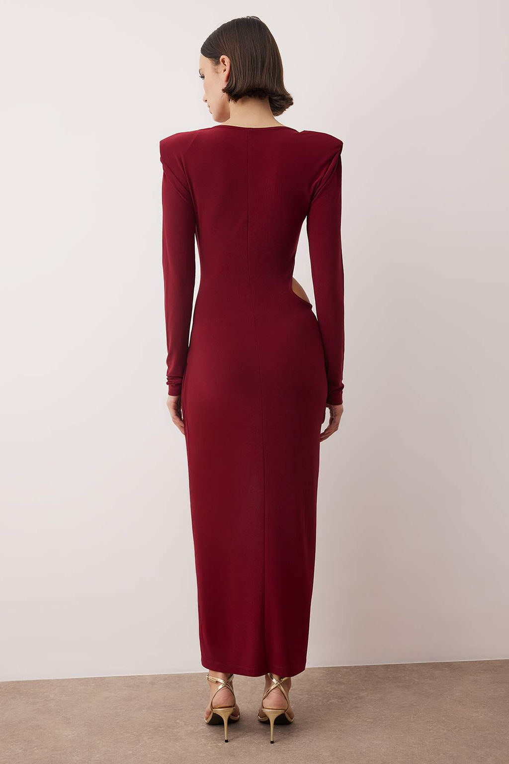 Bordo Kruvaze Yaka Cut Out/Pencere Detayl? Orme S?k Abiye Gece Mezuniyet Elbisesi TPRAW23EL00272