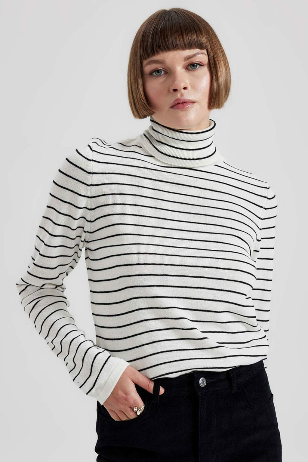 Regular Fit Bal?kc? Yaka Cizgili Triko Kazak - Defacto фото 4