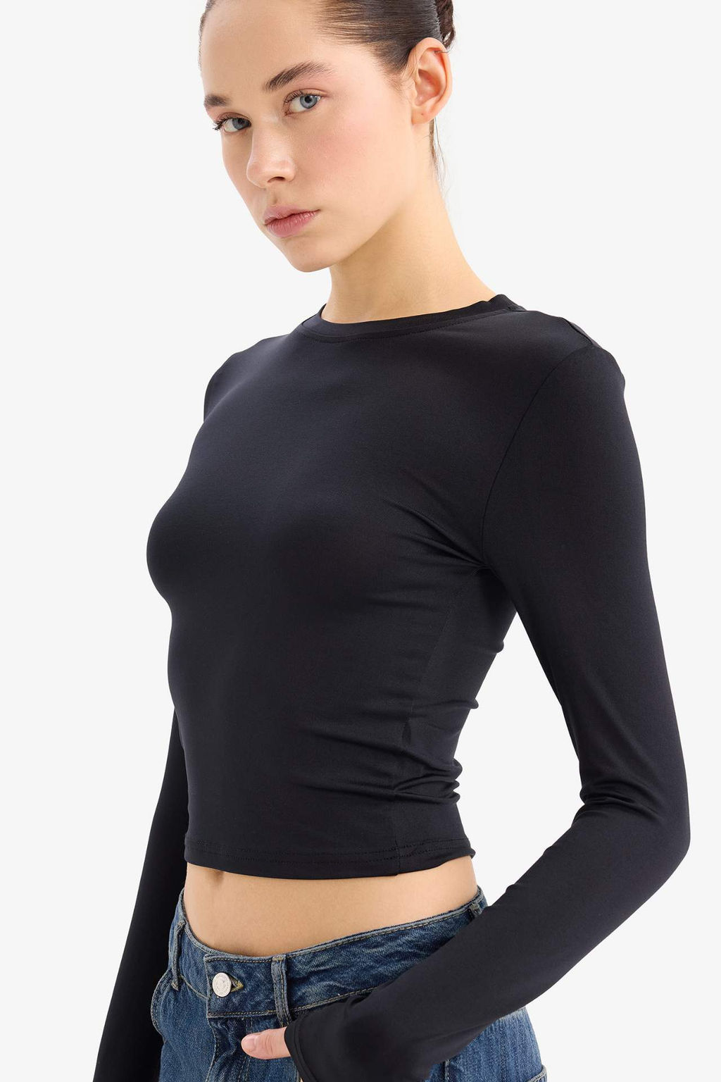 Fitted Bisiklet Yaka Basic Duz Uzun Kollu Tisort - Defacto фото 2