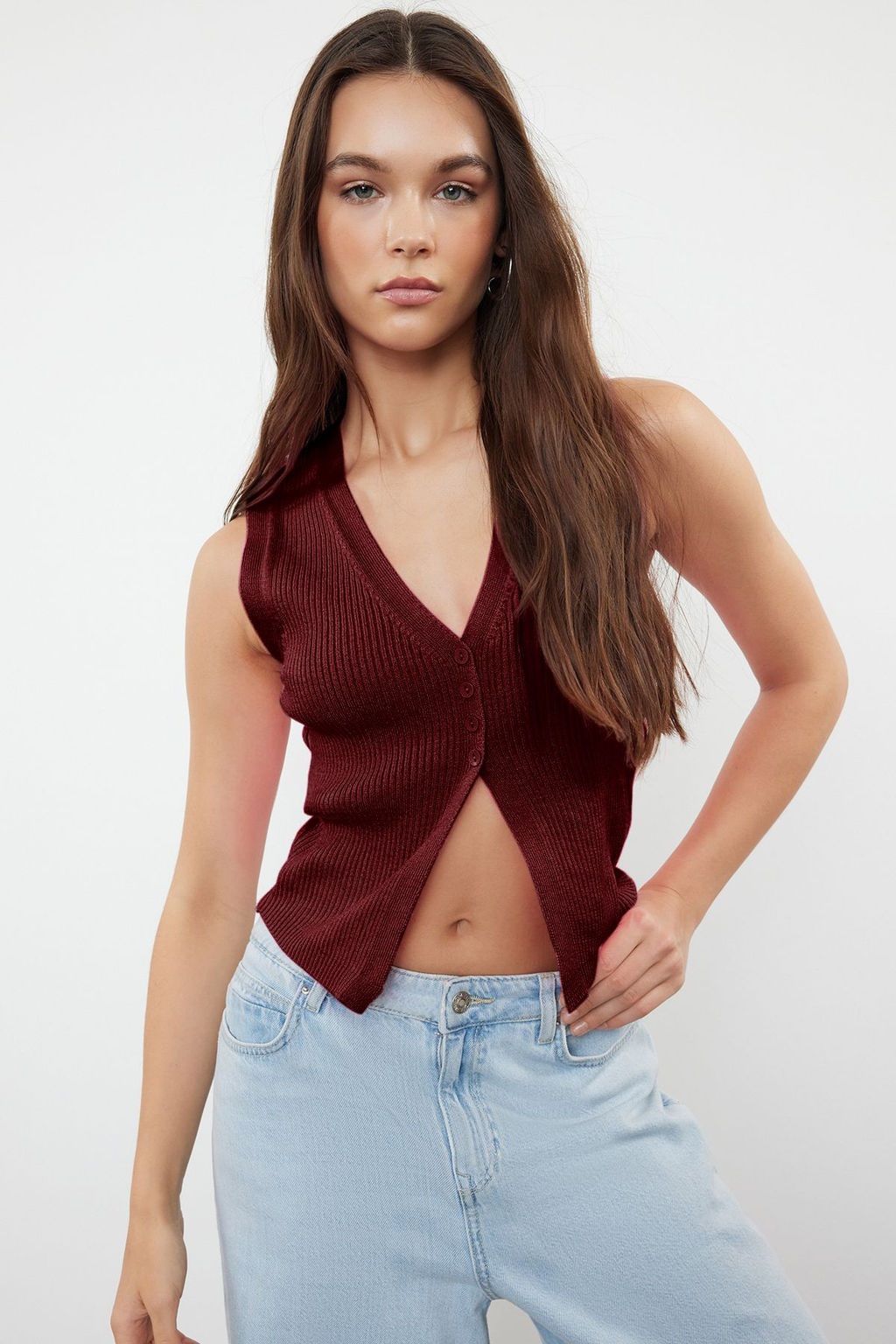 Bordo Premium Iplik / Ozel Iplik Crop Yelek TWOSS24BZ00258