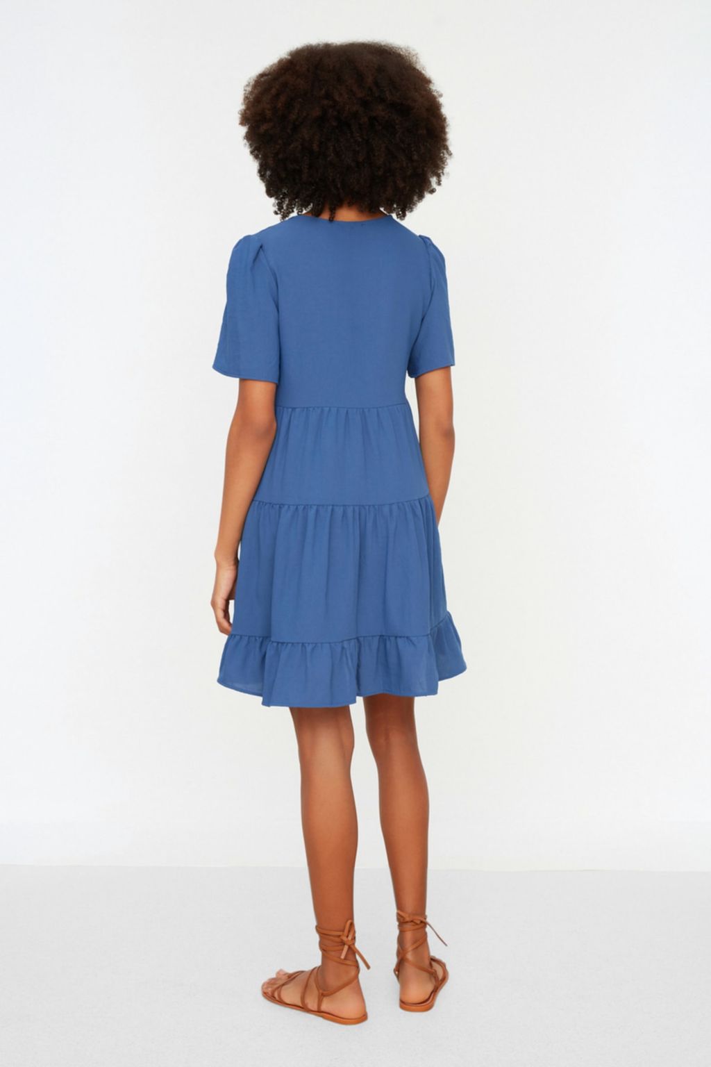 Indigo Genis Kesim V Yaka Mini Dokuma Elbise TWOSS20EL0400