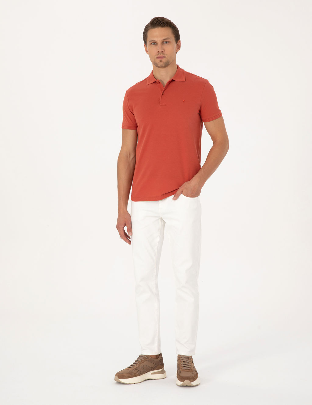 Kiremit Slim Fit %100 Pamuk K_vr_lmaz D__meli Polo Yaka Basic Ti__rt