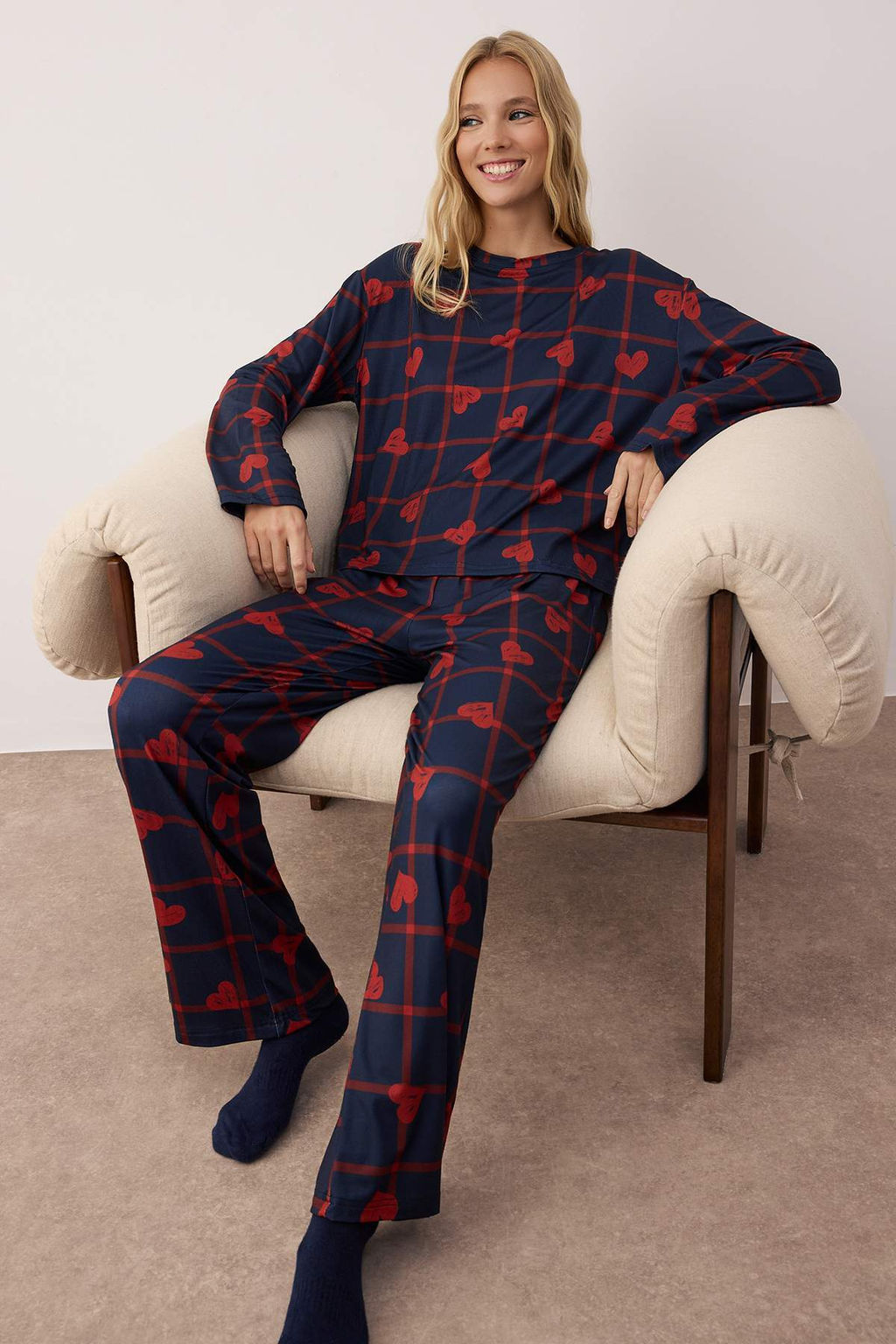 Lacivert Kalpli Yumusak Tuse Orme Pijama Tak?m? THMAW26PT00045