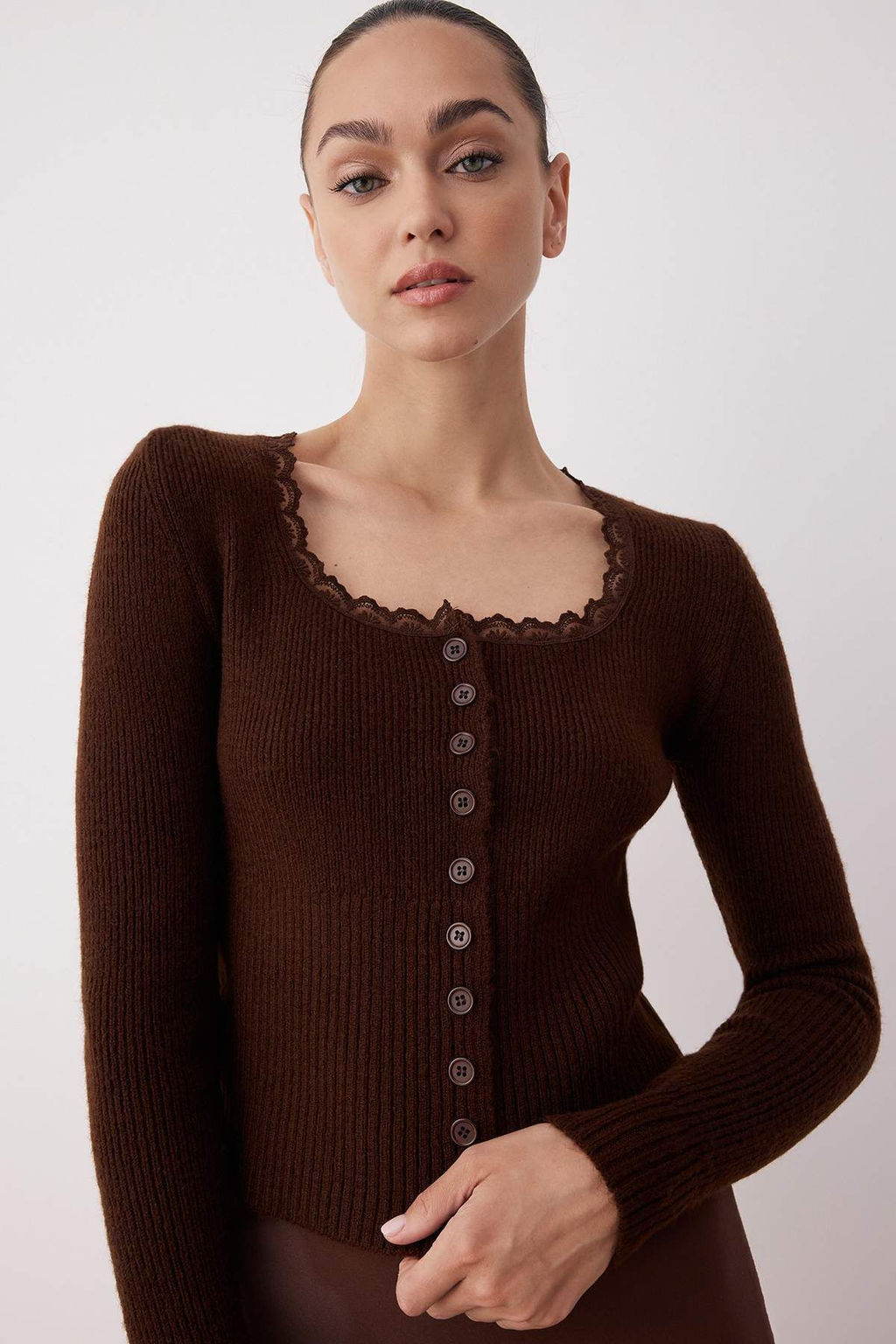 Tas Crop Dantel Garnili Kare Yaka Yumusak Dokulu Fitted/Vucudu Saran Triko H?rka TWOAW26HI00061