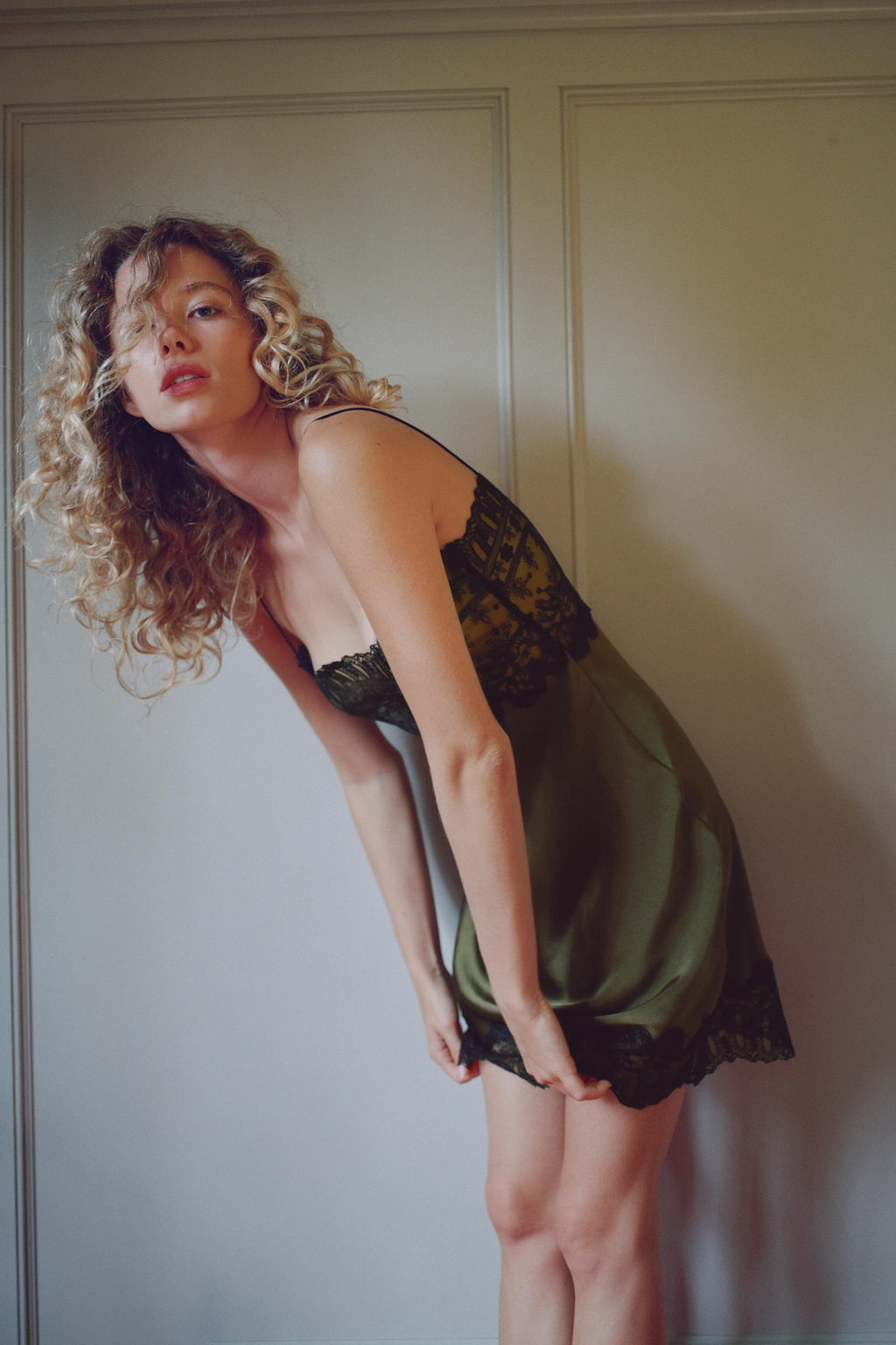 SATIN MIDI DRESS WITH LACE