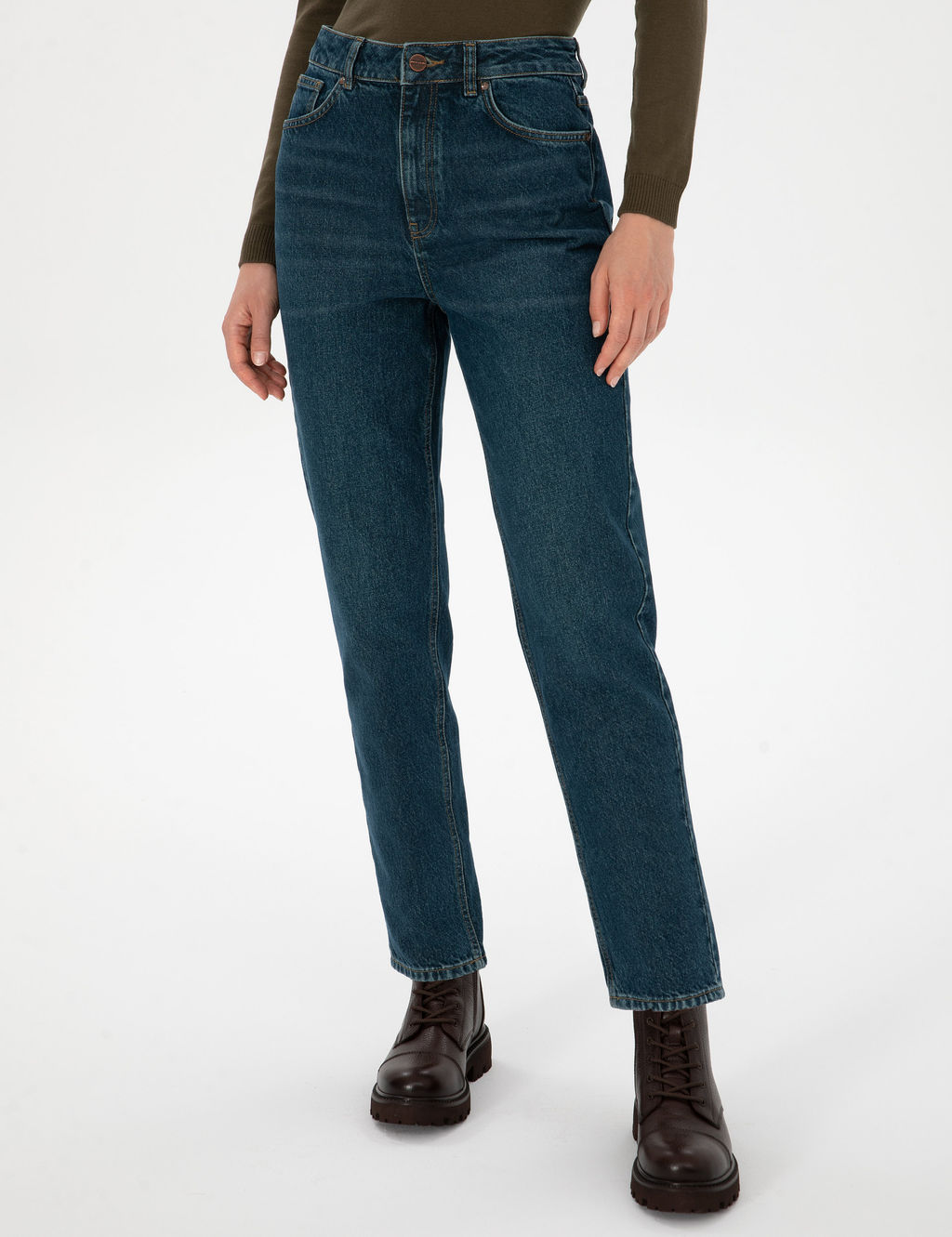 Mom H_gh Wa_st Koyu _ndigo Jean Pantolon