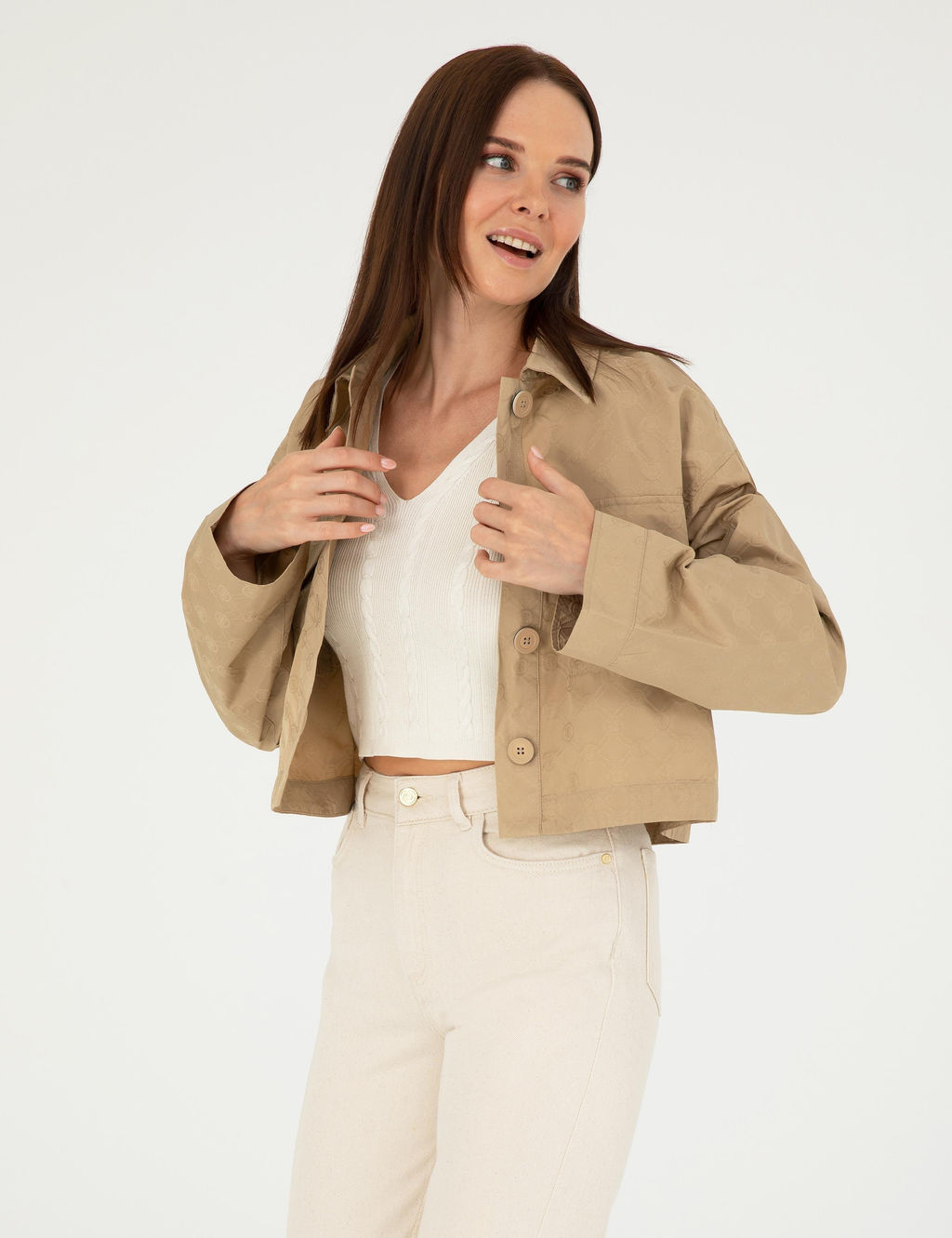 Bej Crop Top Uzun Kollu G_mlek