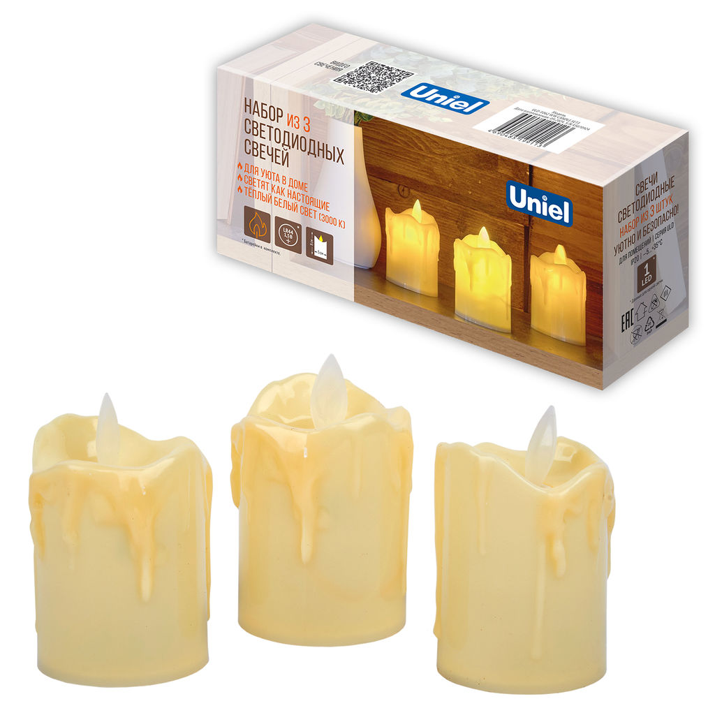 ULD-F062 WW CANDLE SET3 Фигура светодиодная Свеча на батарейках LR44 (в/к), в составе набора из 3 штук. 1 светодиод. Теплый белый свет. TM Uniel - Volpe фото 9