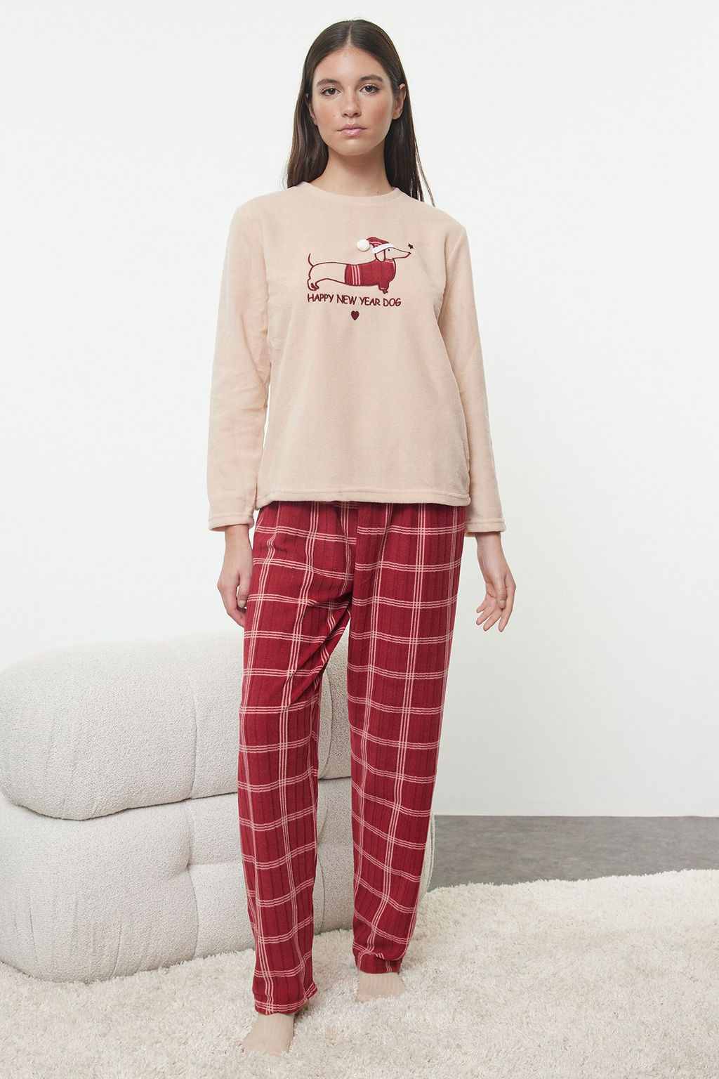 Trendyolmilla Somon Ekoseli Y?lbas? Temal? Polar K?sl?k Orme Pijama Tak?m? THMAW25PT00137  фото 2