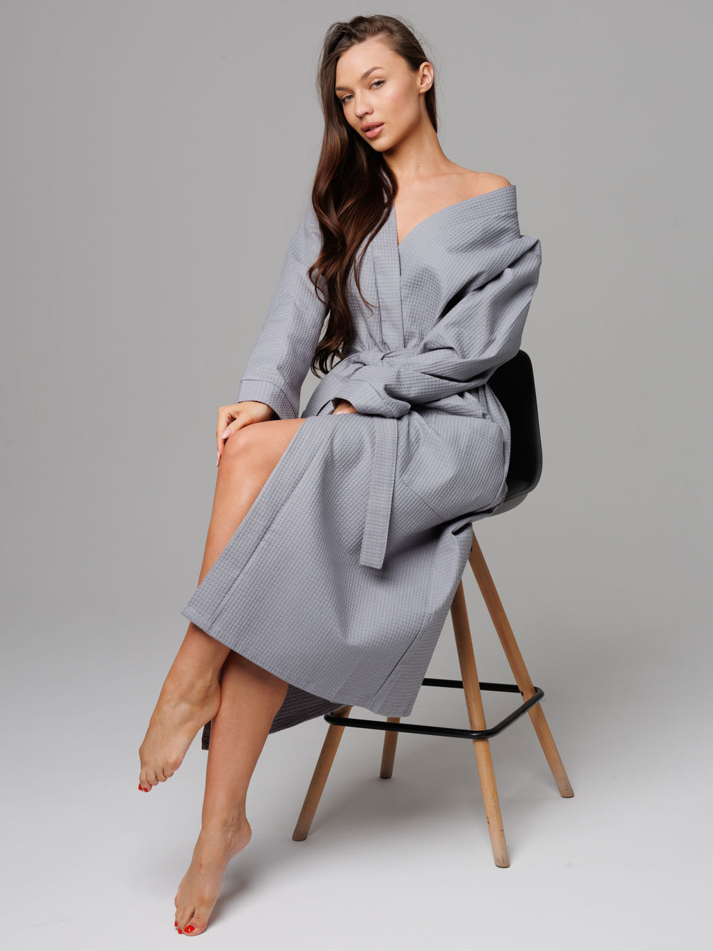 Женский вафельный халат с планкой серый В-02 (20)