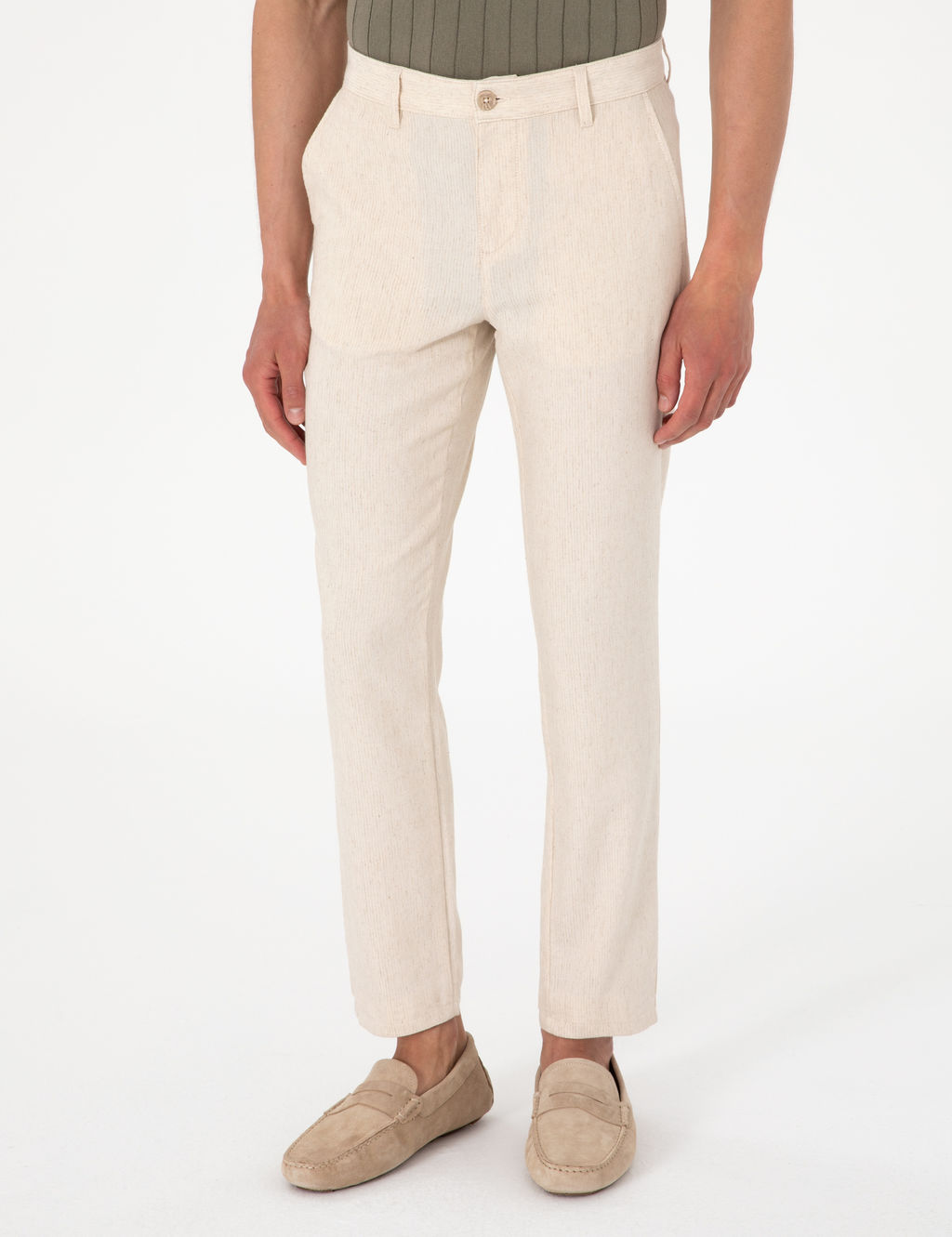 Bej Slim Fit Keten Kar___ml_ _izgili Kanvas Pantolon