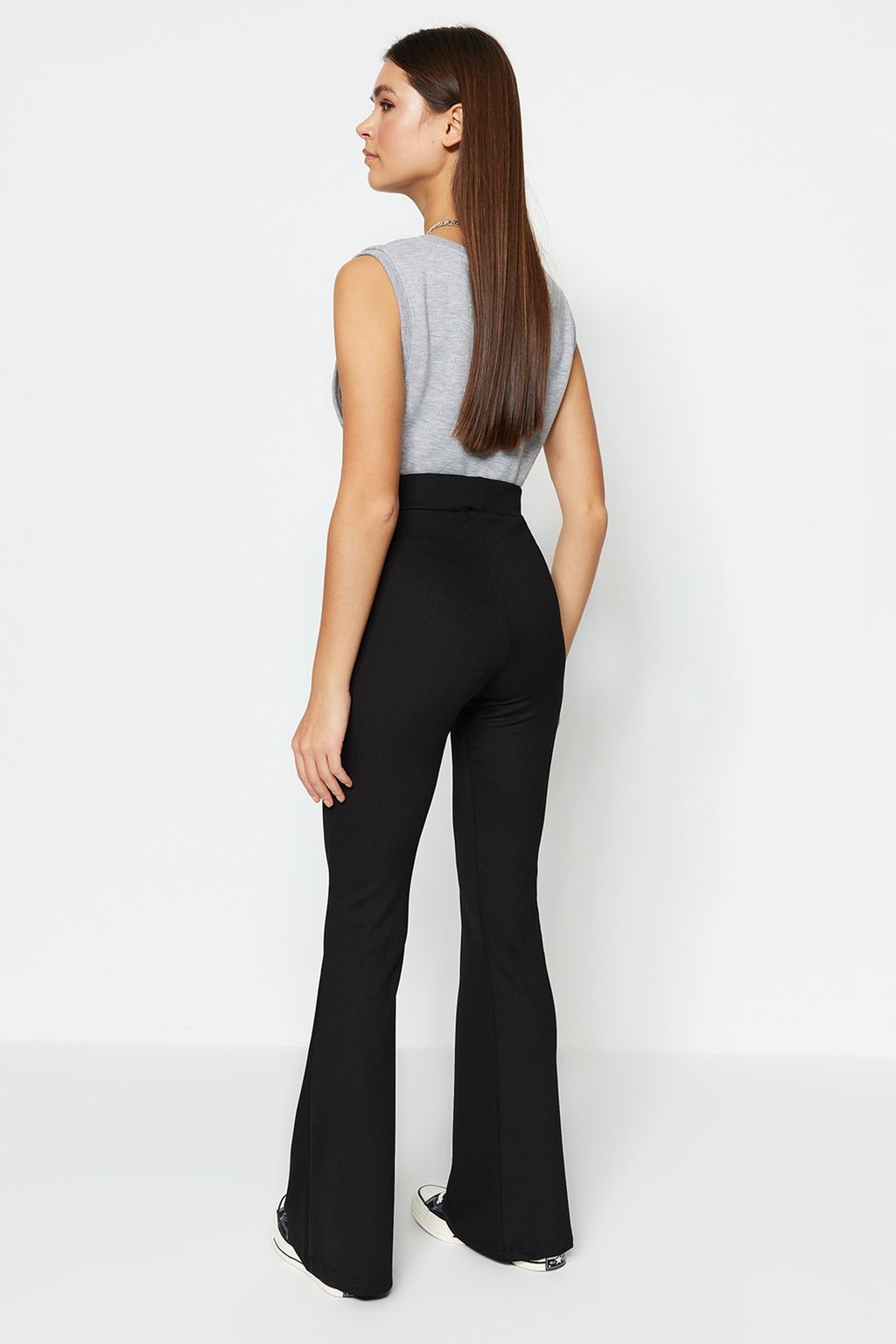 Siyah Fitilli Flare/Ispanyol Paca Yuksek Bel Esnek Orme Tayt Pantolon TWOSS23PL00135