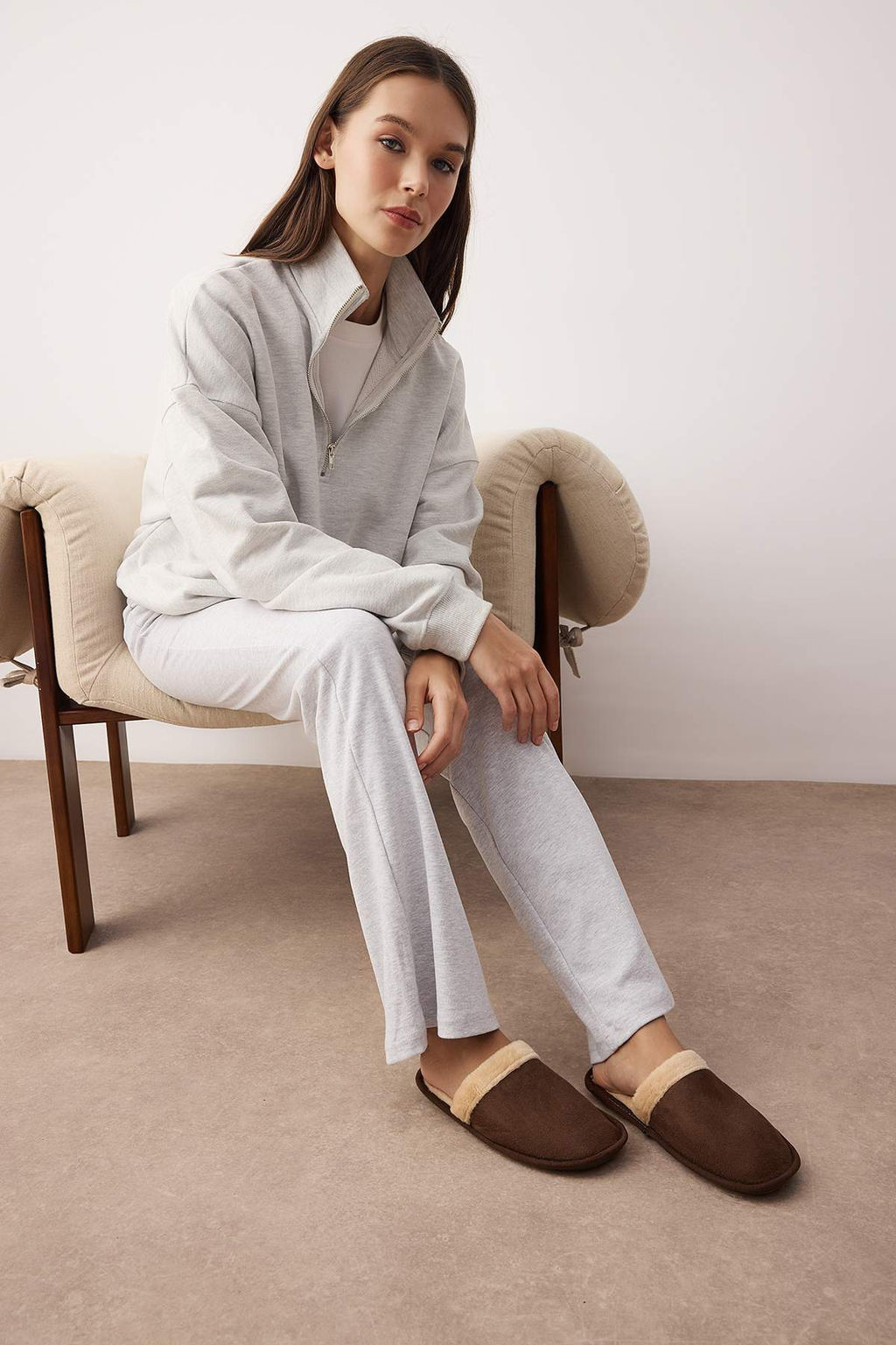 Kahverengi-Gri 2li Paket Kurk Biyeli Kad?n Ev Terlik TAKAW26ER00016 - Trendyolmilla фото 3