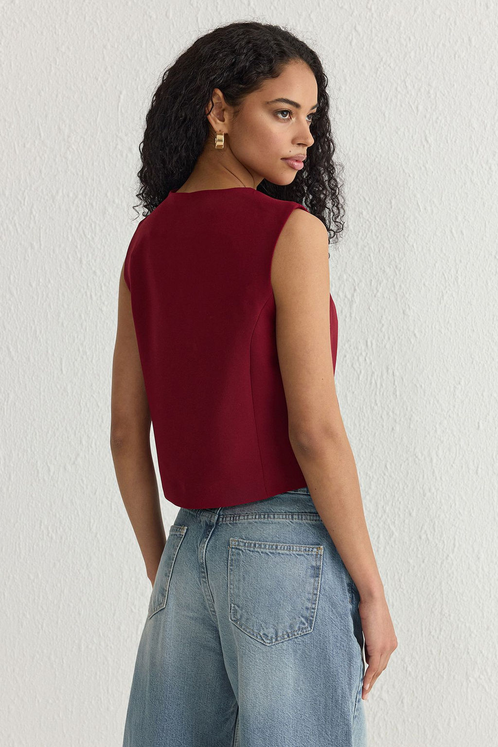 Bordo Fitted Crop Kalpli Dugmeli Dokuma Yelek TWOSS25YE00015
