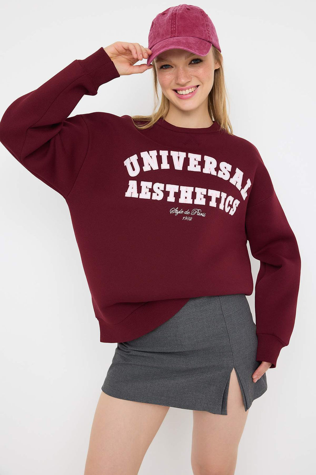 Bordo Slogan Nak?sl? Oversize/Genis Kal?p Orme Sweatshirt TWOAW26SW00048