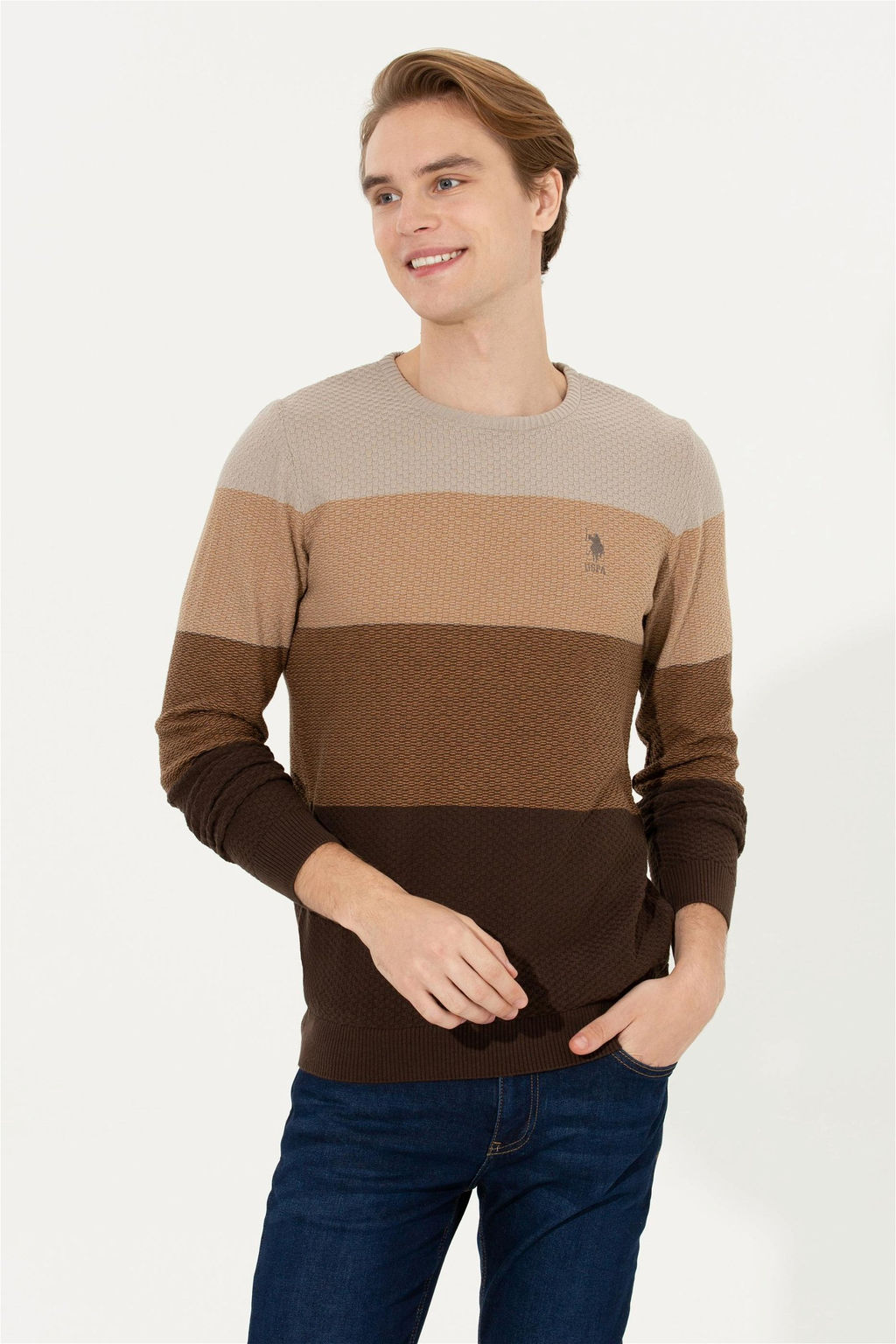 Мужской вязаный свитер кокосового цвета с круглым вырезом Неожиданная скидка в корзине - U.s. polo assn фото 2