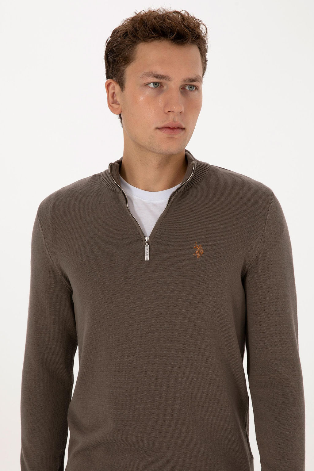Erkek Slim Fit Yar_m Fermuarl_ Vizon Basic Kazak